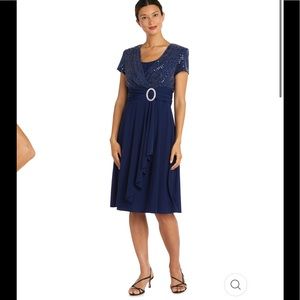 NWT,R&M Richards Rhinestone Buckle Cascade Wrap Dress navy